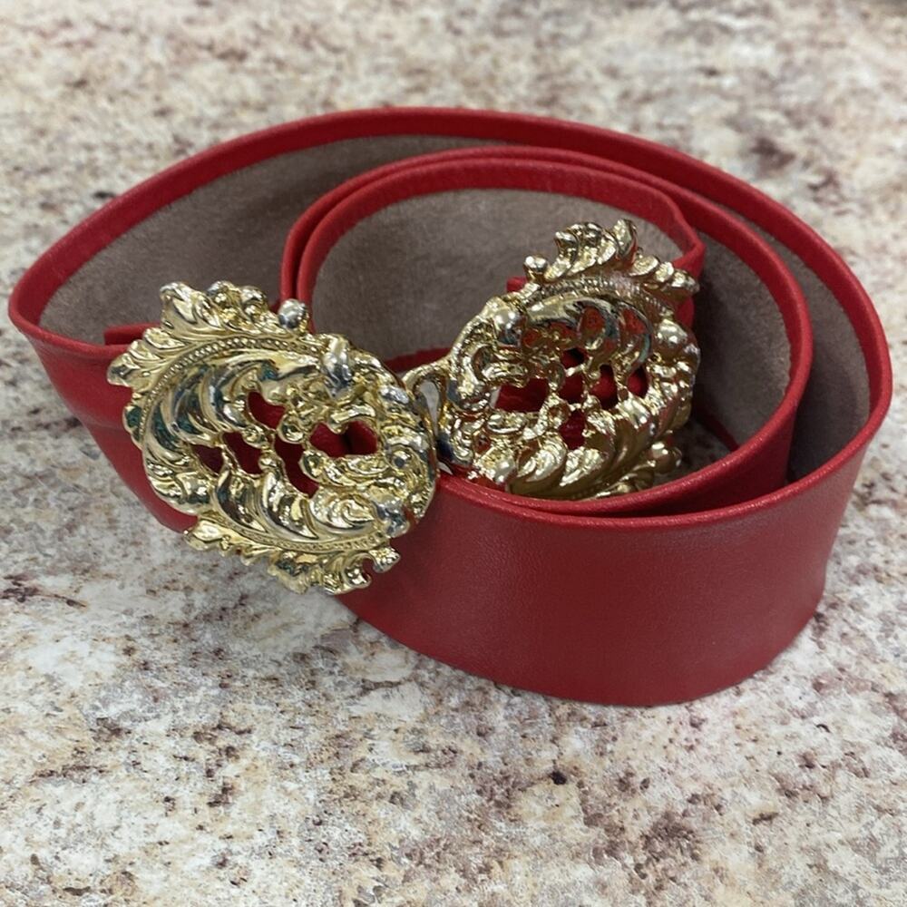 Vintage red leather belt with stunning gold buckle